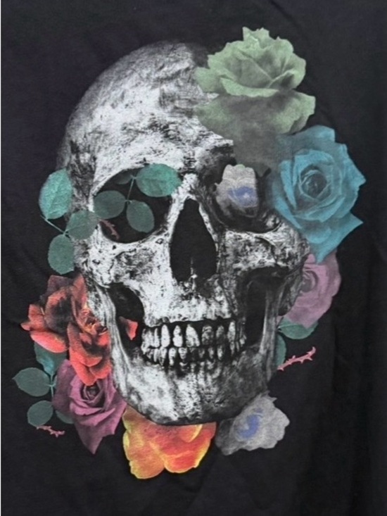 Guess Other - GUESS SKULL COLORFUL ROSES T-SHIRT BLACK GOTHIC Artistic Graphic Short Sleeve